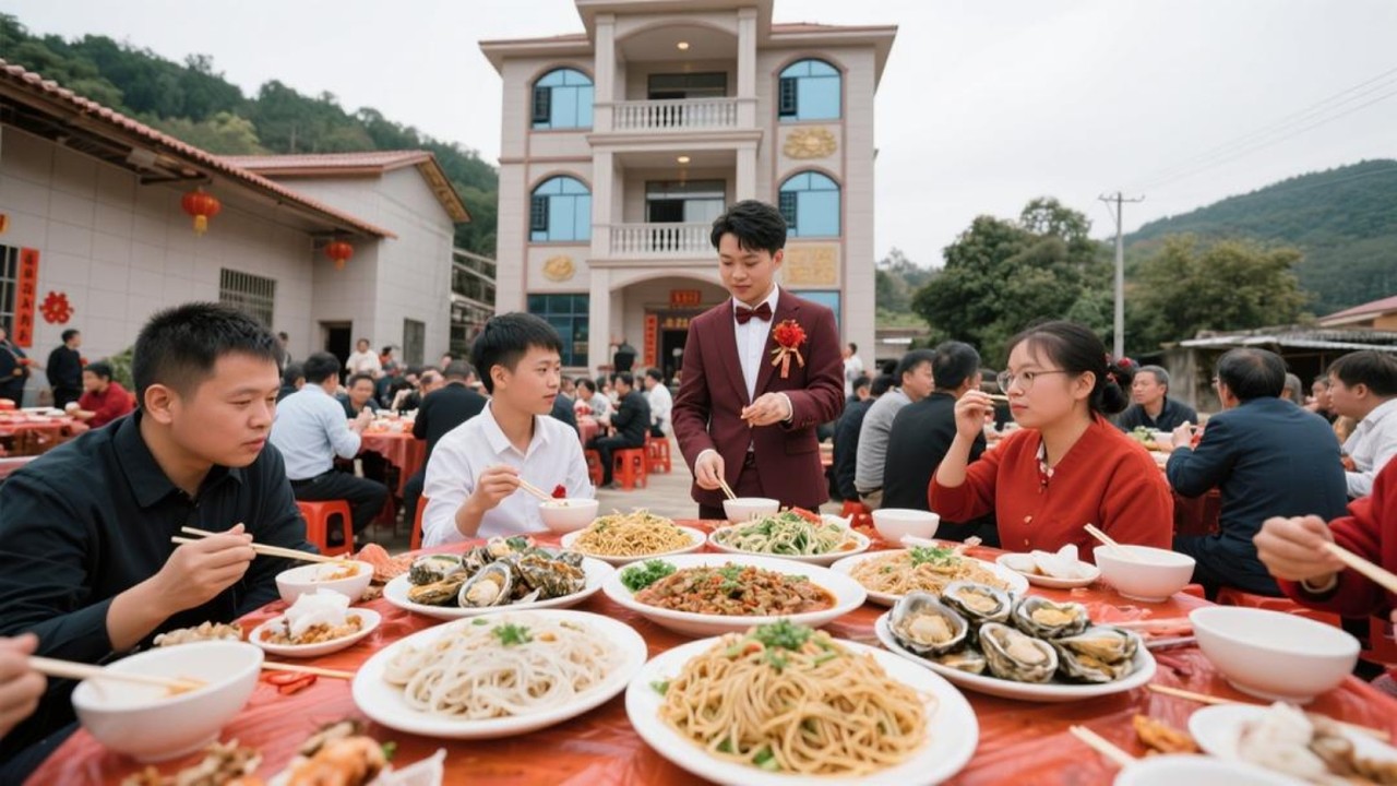 随200去福建莆田农村搂席2380一桌 特色山里炝粉 莆田卤面 各种海鲜吃到撑新郎家4层的大别墅 我酸了！【我是忐忑妞】