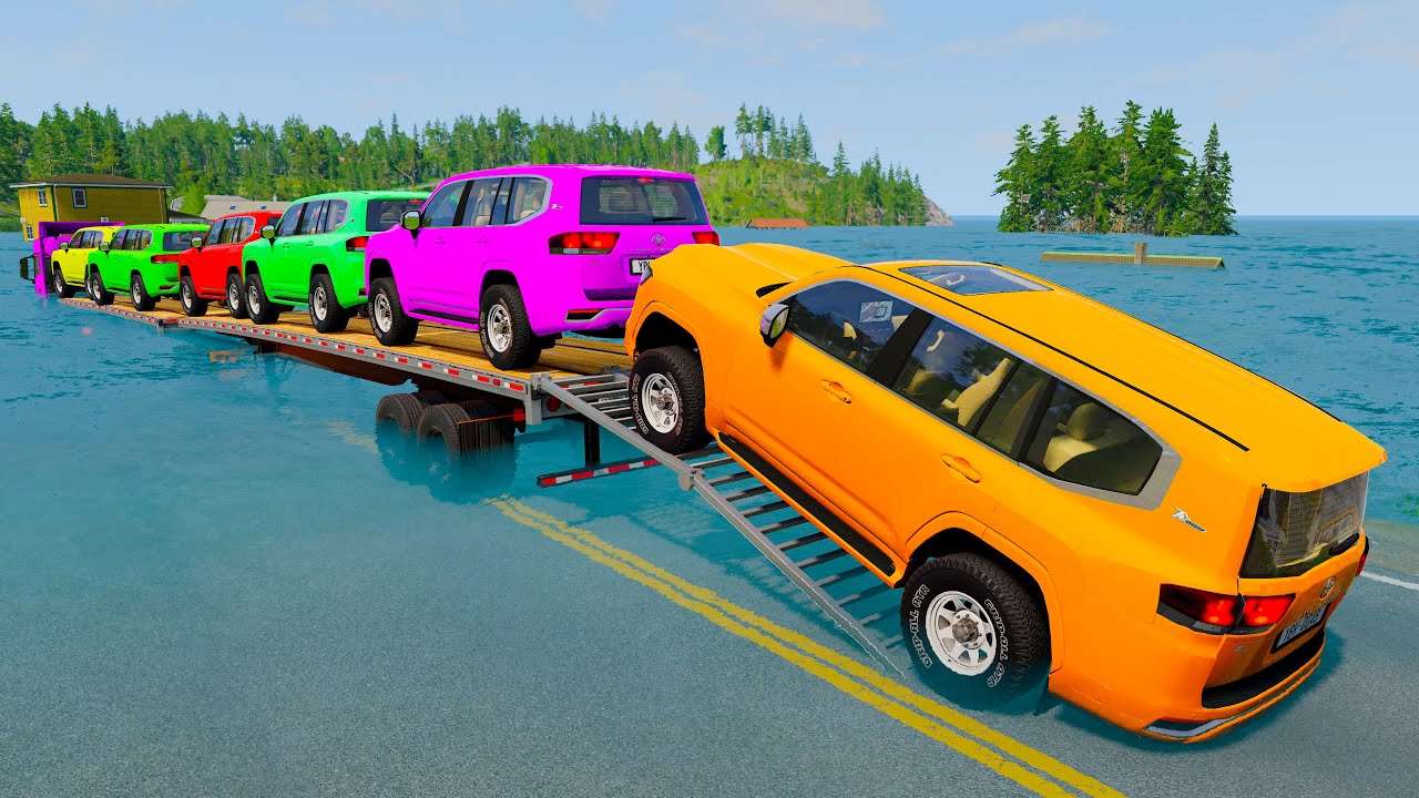 Triple Flatbed Trailer McQueen Transportation with Truck - Speedbumps vs Cars vs Train - BeamNG #12