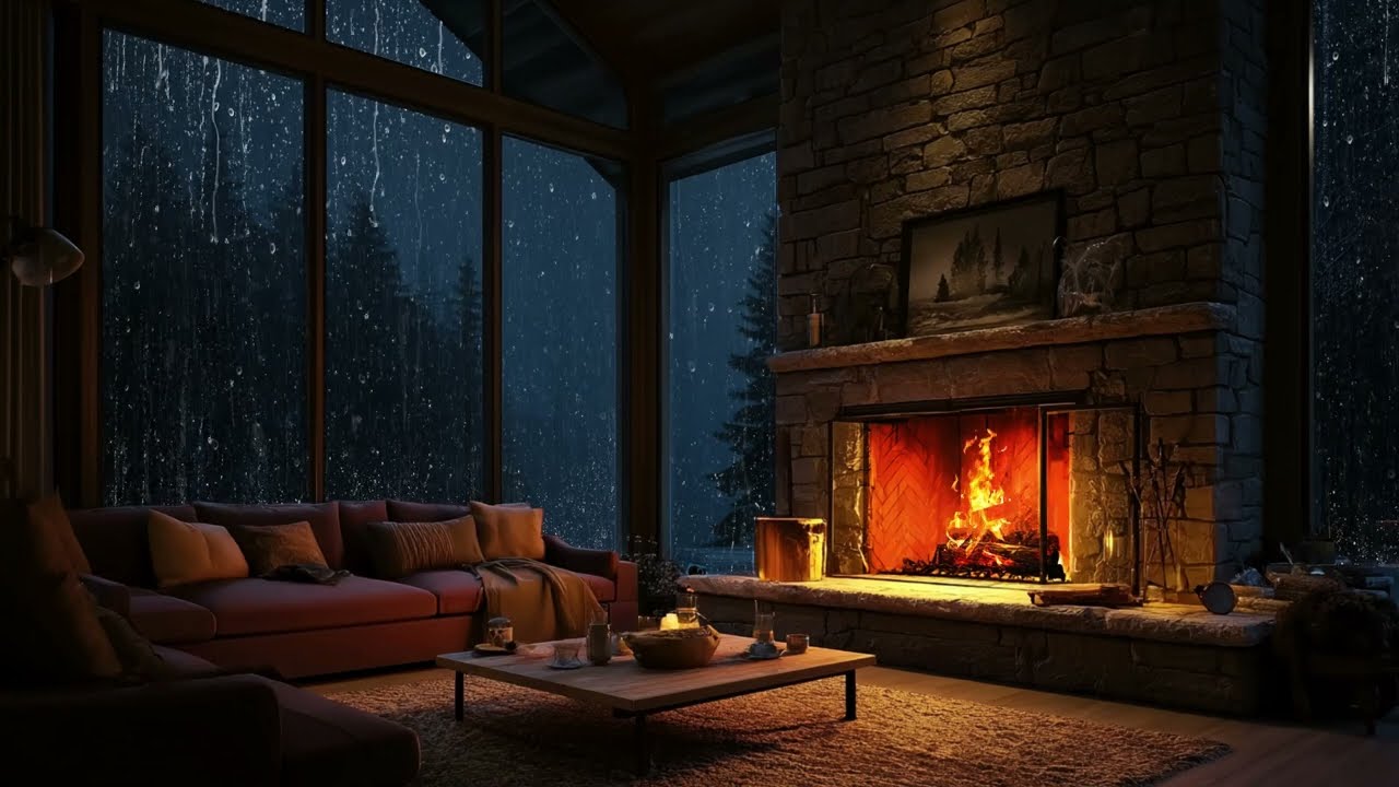 Forest Cabin Night Relaxation with Rain on Trees, Fireplace Sounds and Peaceful Mood