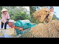 Complete the work of harvesting rice gather rice and thresh it with a mini threshing machine