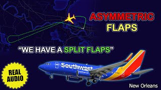 Flap asymmetry. Southwest Boeing 737 performs emergency return to New Orleans Airport. Real ATC