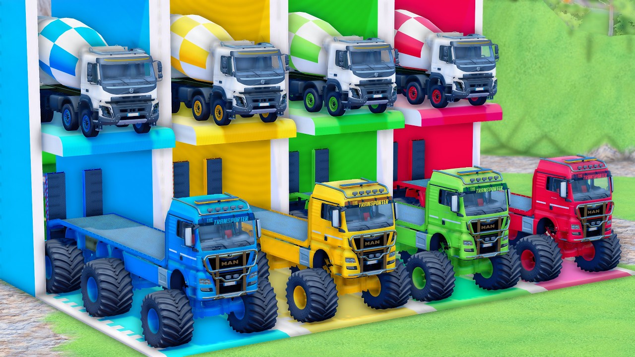 MONSTER FLATBED TRUCK LONG CONVOY TRANSPORT OF COLORS! ALL  MIXER TRUCK, SCANIA, MAN, VOLVO - FS25