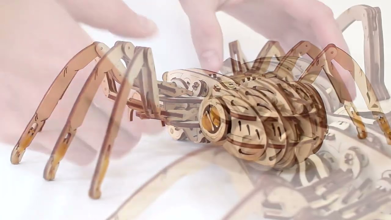 Spinne Mechanisches Holzpuzzle mit 293 Teilen ⚙️ Gummi-Antrieb von Eco-Wood-Art