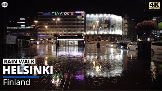 Rain Walk at Night in Helsinki Finland - City Center (Binaural Rain Sounds Umbrella ASMR)