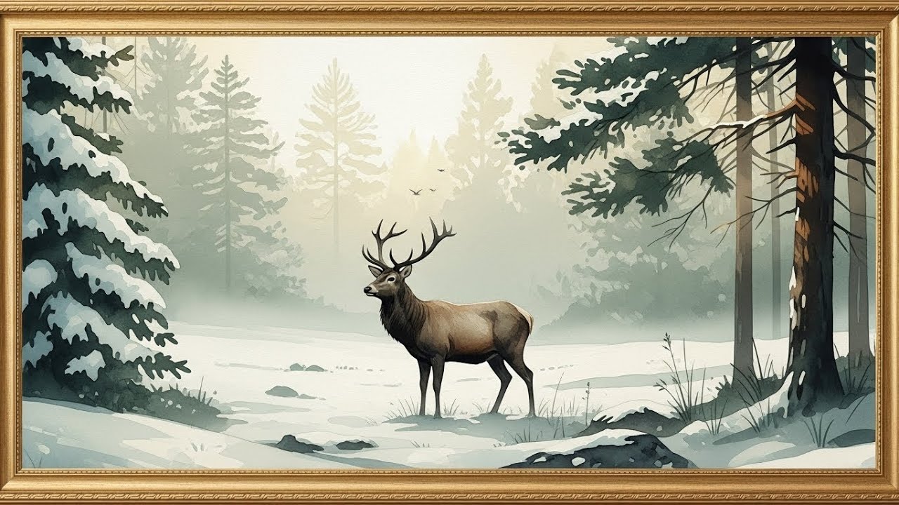 Frame TV Art with Music: Serene Winter Wildlife: Majestic Stag in a Misty, Snow-Covered Forest