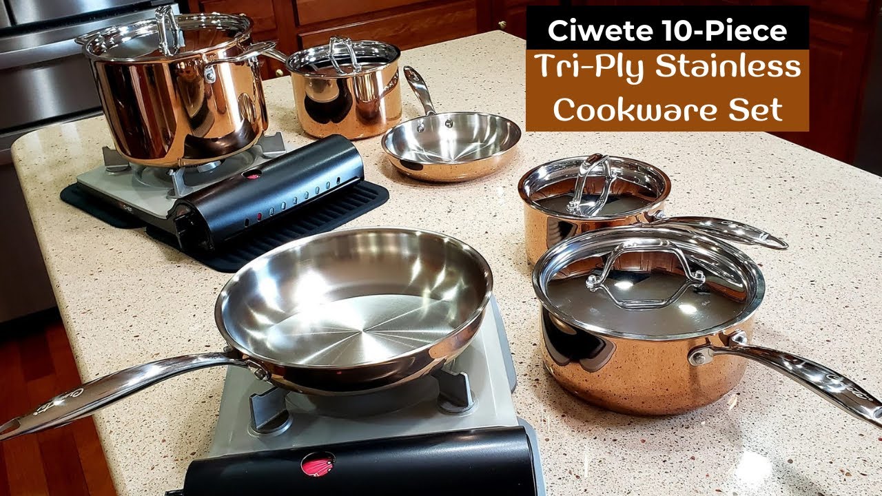 Ciwete Whole Tri-ply 18/10 Stainless Steel Pot and Pan Set (10 Piece),  Copper Pots and Pans Set with Stainless Steel Lid, Induction Cookware Set