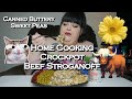 Home cooking crockpot beef stroganoff with canned buttery sweet peas mukbang eating show