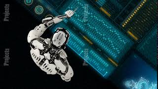 Robot android presses the keys on sci-fi screen. Realistic motion background. 4K.