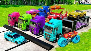 TRANSPORTING CARS & FRUITS WITH COLORED TRACTORS  Speedbumps vs Cars Train Vs Water BeamNG.drive #53 screenshot 3