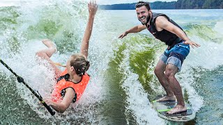 Learning to Wake Surf on the Lake! *Major Wipeouts*