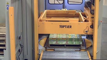 Floor Level Row forming Palletizer with Concurrent Stretch Wrapper from TopTier Palletizers