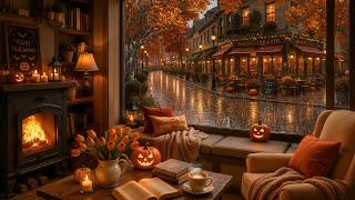 Candlelit Halloween Rain Coffeehouse 🍂 Soft Jazz, Cozy Autumn Ambience & Crackling Fire for Focus screenshot 1