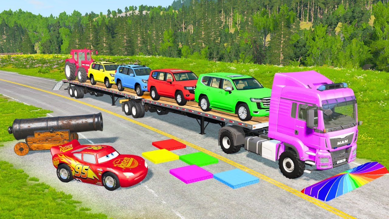 Flatbed Truck Mcqueen | Transportation with Truck - Pothole vs Car #45 - BeamNG.Drive
