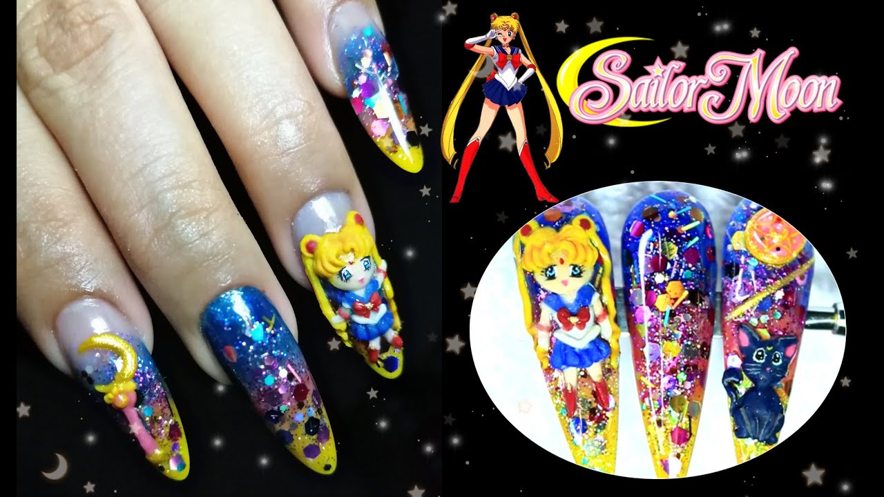 Uñas acrílicas 3D | Sailor Moon | PASO A PASO | glitter y brillo | amarillo  azul y rosa - thptnganamst.edu.vn