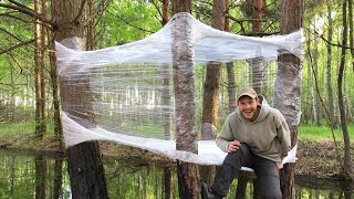 Building an Amazing Tree Shelter Over the water. Catch and Cook, Camping / BUSHCRAFT TENT | SURVIVAL