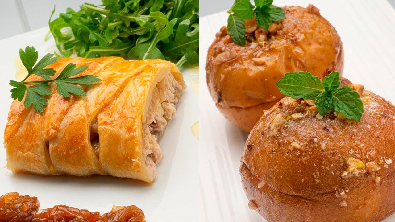 Trenza de trucha asalmonada con mermelada de cebolla - Manzanas asadas rellenas de frutos secos