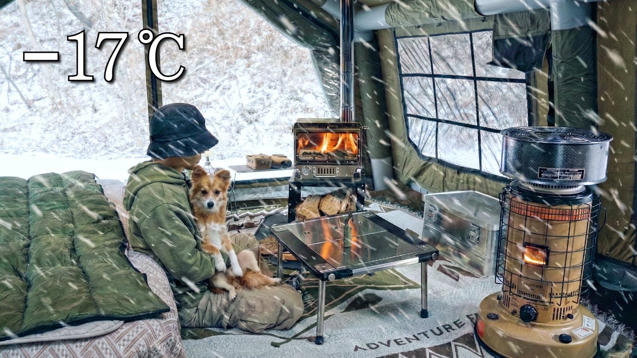 –17°C Кемпинг в снежной буре с моей собакой | Роскошная надувная палатка с печкой