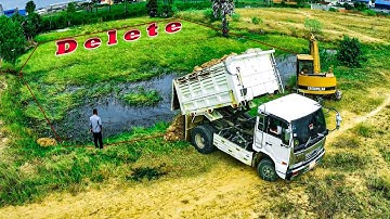 Perfect First Start New Project, Land Fill Up Dozer Push Soils Into Water Lake With Dump Truck 5Ton