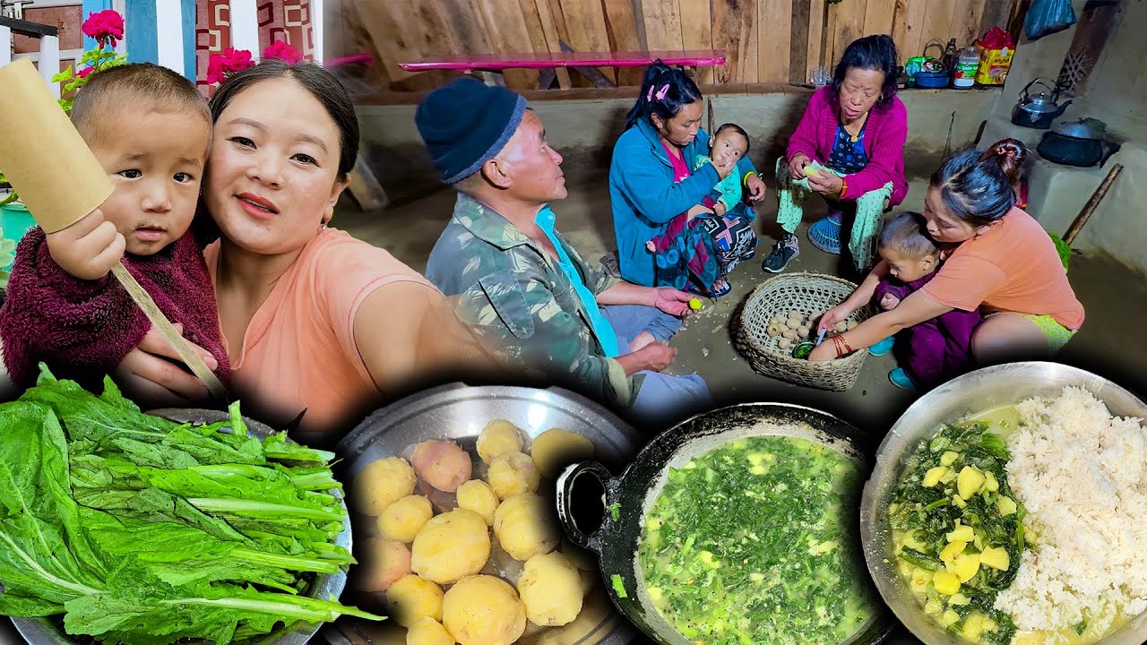 Mustard (RAYO) & Potatoes mix curry Recipe with rice Cooking and eating रायो को साग र आलुको तरकारी