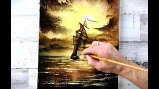 Ship sailing at Sunset | Acrylic Painting Challenge for Beginners | Abstract