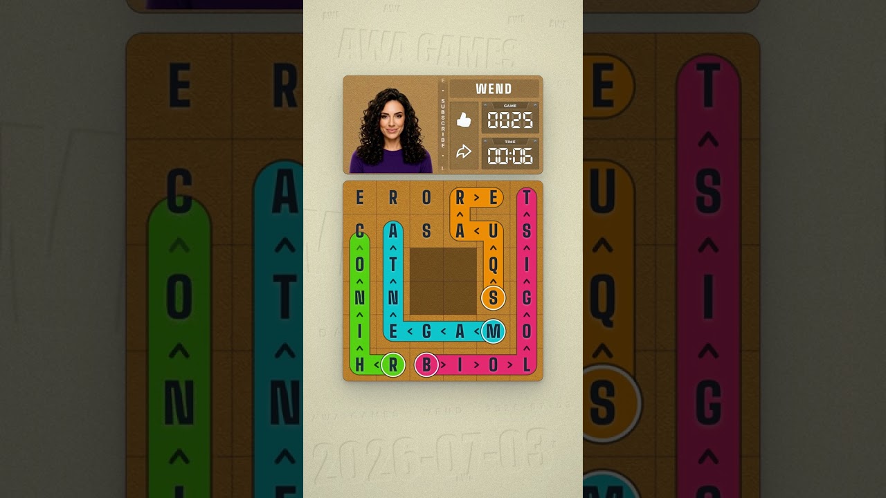 LinkedIn Wend #25 solved board for July 3, 2026, 6x6 grid