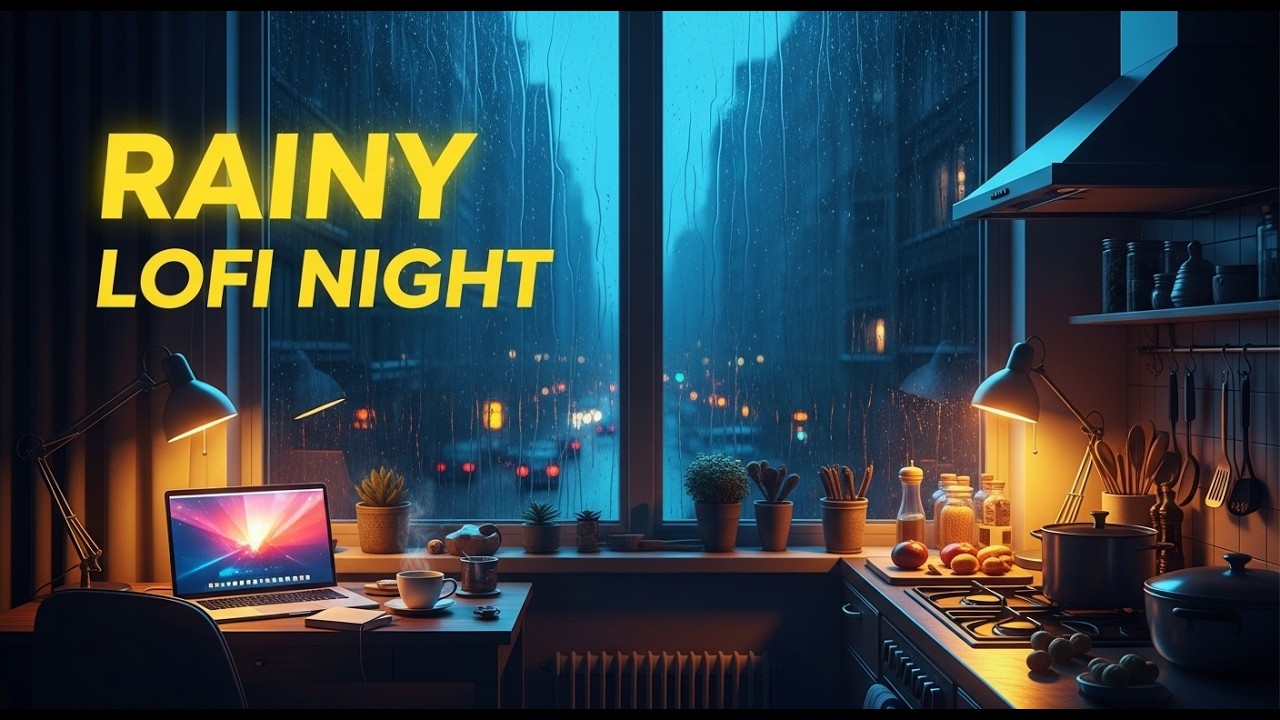 Cozy Warm Light Kitchen 🌙🐱 Rainy Night Lofi for Cooking, Study & Relax