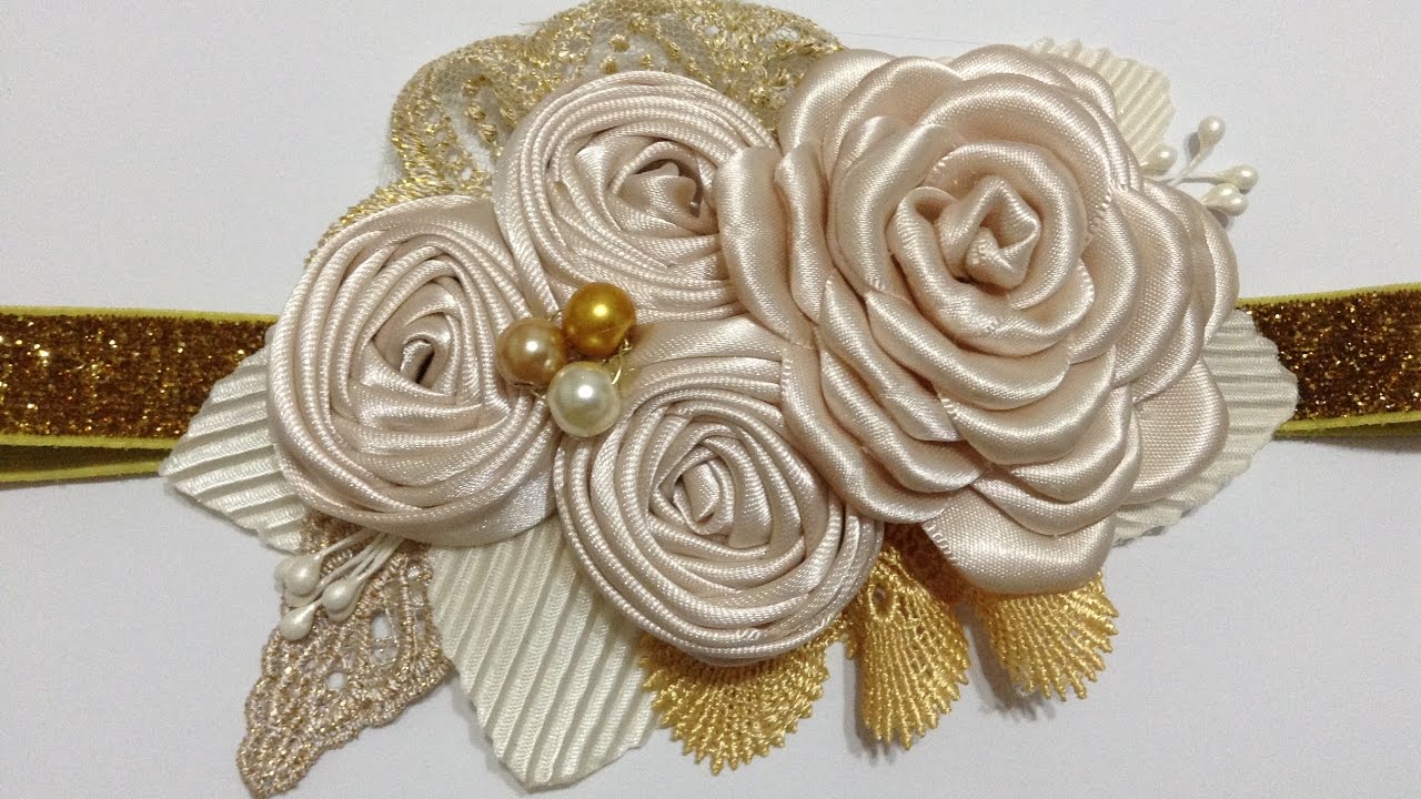 Tiara  beige-dorado de flores VIDEO No. 447 creacionesrosaisela