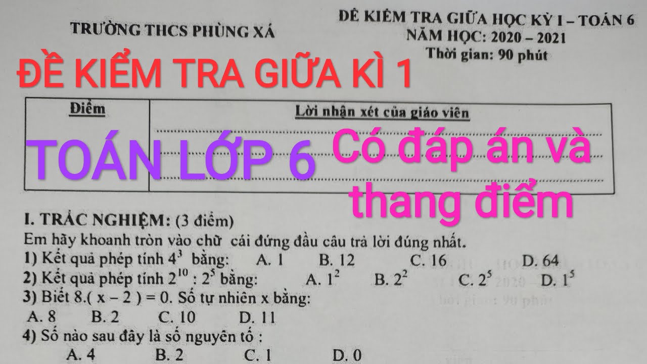 Đề toán lớp 6 học kì 1 | Đề thi giữa học kì 1 toán lớp 6 THCS Phùng Xá | bibon 1217