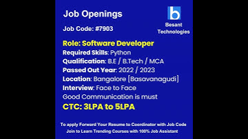 Python Developer Job Openings|Join & Get Placements|Besant Technologies #shorts #mncjob #job