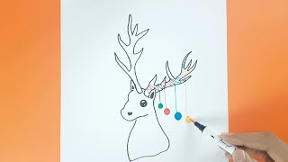 Drawing Christmas Reindeer Very Easy & Hung Color Light on It's Horn - How to Draw Cartoon Rudolph