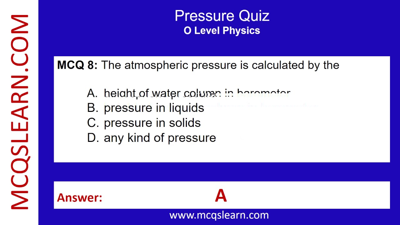 Pressure MCQs Questions and Answers PDF O Level Physics Quiz Answers