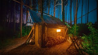 Night in my log cabin in the wild forest. I bring comfort and order in the forest house.