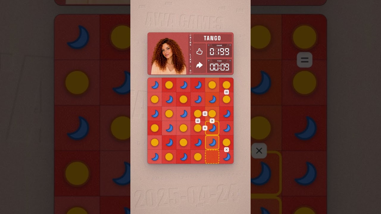 LinkedIn Tango #199 solved board for April 24, 2025, 6x6 grid