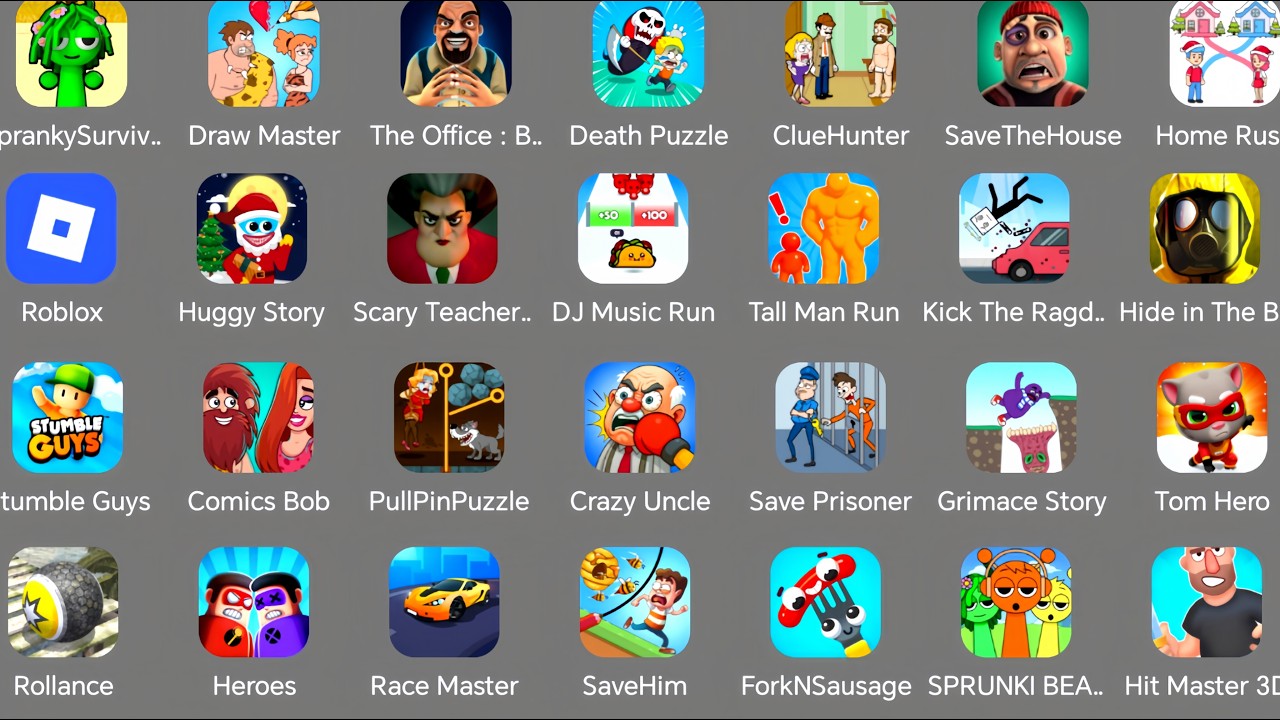 Spranky Survival,Roblox,Race Master,Tom Hero,Stumble Guys,Save Prisoner,Scary Teacher 3D