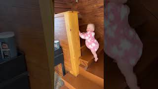 Baby girl in pink onesie attempts to walk up the steps then falls back and lands awkwardly