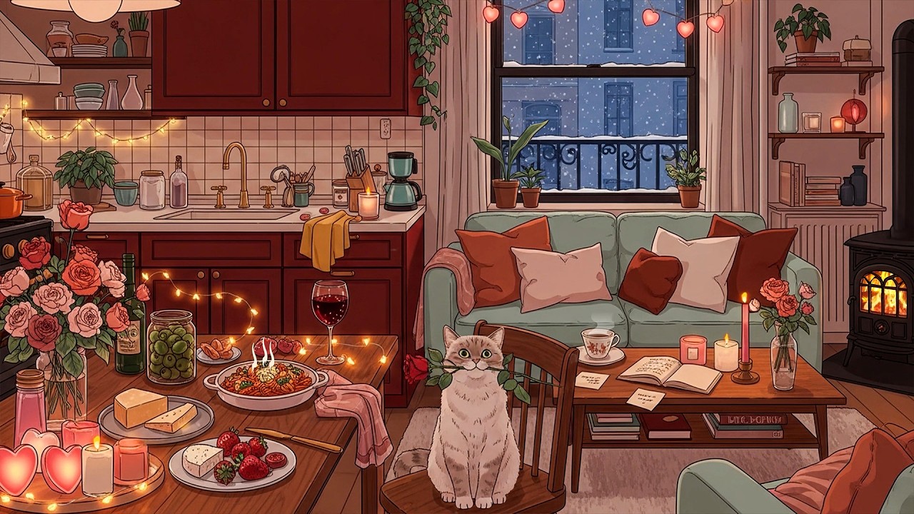 A Valentine’s Night in a Cozy Living Room with Oldies Playing in Another Room | Snowy 1940s New York