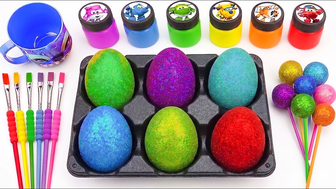 Fun Satisfying Video | Mixing All Rainbow Glitter Giant Eggs with Painting Lollipops | ASMR Cutting