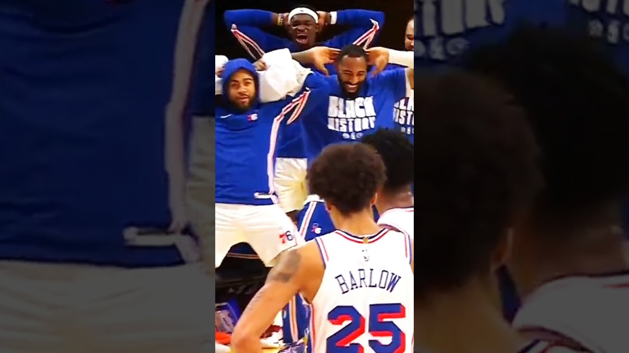 YEAH BOY!!!  🤣🤣 Sixers bench going BANANAS on this Joel Embiid AND-1 jumpshot!