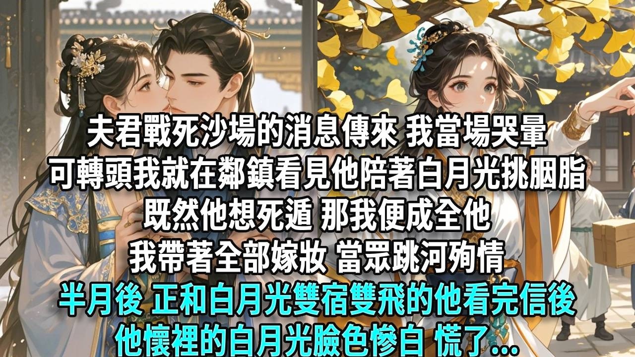 夫君戰死沙場的消息傳來，我當場哭暈，可轉頭我就在鄰鎮看見他陪著白月光挑胭脂。既然他想死遁，那我便成全他，我帶著全部嫁妝，當眾跳河殉情。半月後，正和白月光雙宿雙飛的他看完信後，他懷裡的白月光臉色慘白慌了