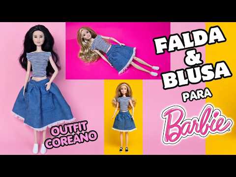 ROPA para Barbie Fácil!👗Haz Falda y Blusa Estilo COREANO paso a paso 🤍🩵👩