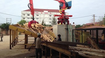 Wood log crane unloading wood log direct to process.