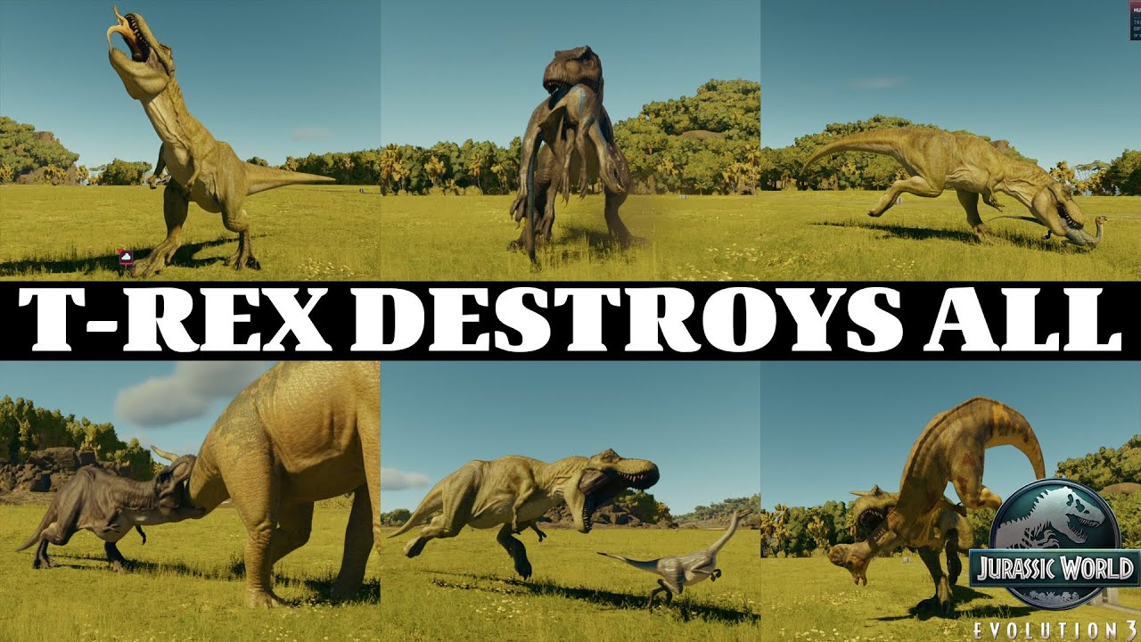 💥 JWE3 T-Rex против всех динозавров | Полная демонстрация анимаций боя