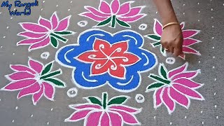 Sankranthi Lakshmi Muggu with 21 dots/Lotus Kolam for Pongal Festival/Sankranthi Chukkala Muggulu