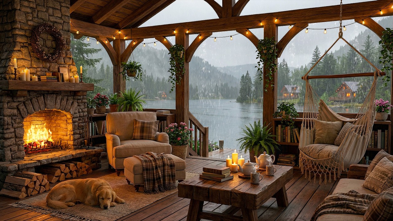 Cozy Cabin Jazz & Rain 🌧️ Crackling Fireplace in Spring Forest for Deep ...