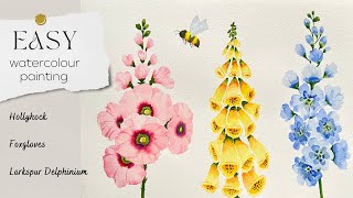 Easy watercolor painting for beginners - Hollyhock, Foxglove, Larkspur Delphinium and Bumble bee