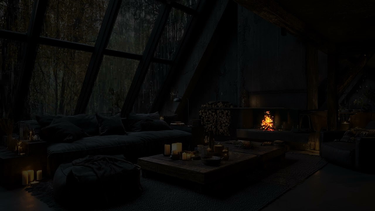 Watching Forest Rain | Quiet Indoor Hearth with Continuous Rainfall Echoing Through Trees