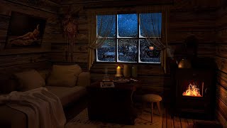 Cozy winter hut with the sounds of a blizzard and a fireplace for rest and sleep