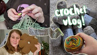 crochet with me [vlog] yarn hauls, wisteria pillow, mesh shrug