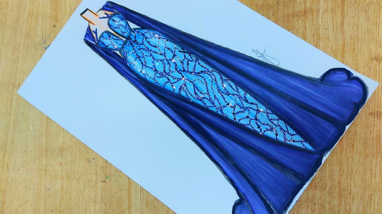 رسم تصميم فستان سهرة أزرق سهل و جميل💎/ رسم فساتين / رسم سهل / رسم أزياء fashion illustration Drawing