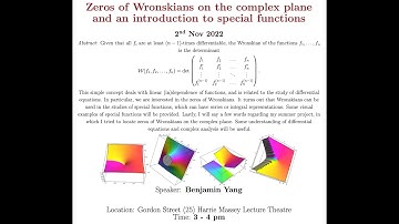 Zeros of Wronskians on the Complex Plane and an Introduction to Special Functions